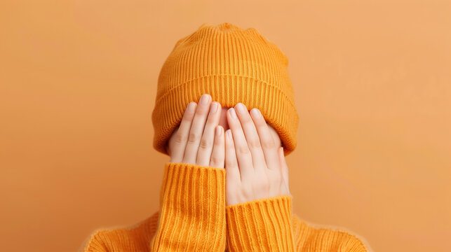 A person wearing an orange hat and sweater, covering their face with their hands; emotions: confusion, embarrassment; studio photo