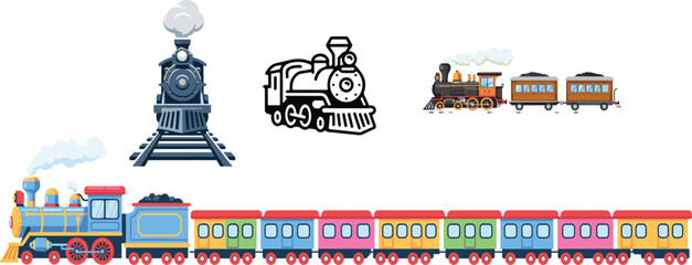 Steam Train Collection Vector Set with Vintage Locomotive Passenger Railway Engine and Classic Railroad Transportation Illustrations © Sufea