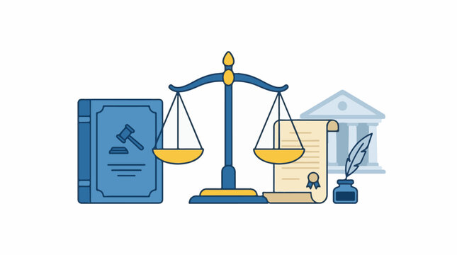 A stylized depiction of legal elements scales of justice book scroll and building