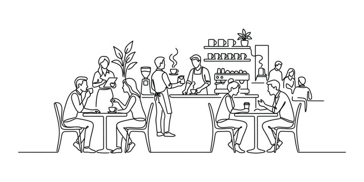 Continuous line drawing of people in a coffee shop.