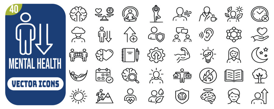 Mental health icon set. Editable line icons. Vector illustration.