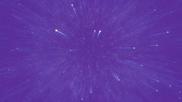 Purple cosmic starburst with bright white points and radial light streaks expanding from center, creating luminous futuristic space tunnel with vivid violet glow and dynamic digital energy