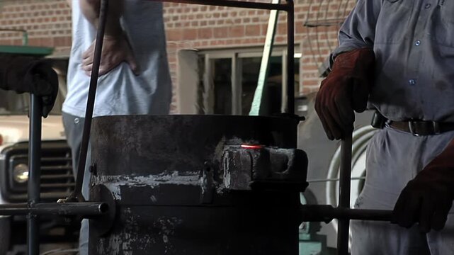 Workers Preparing Pouring Ladle With Molten Metal In Traditional Church Bell Workshop - 4K