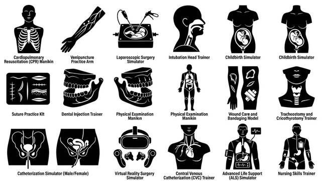 Medical Training Simulators  Manikins Glyph Icons Set. Healthcare Education Equipment Collection.
