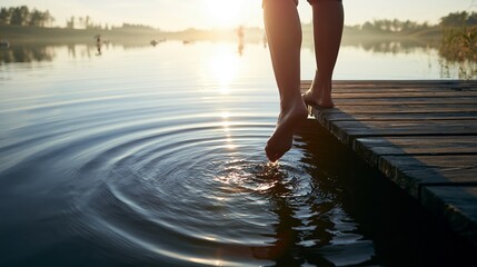 Fototapeta premium Person's bare feet gently touching the serene lake water, sending ripples across the surface from a dock during sunset, enjoying peaceful nature