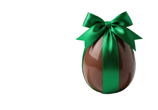 A glossy dark chocolate easter egg wrapped with an emerald green satin ribbon and elegant bow, in a minimalist white studio, celebrating spring elegance