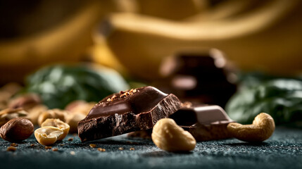 Fototapeta premium Dark chocolate pieces and cashews on a dark background with chocolate, delicious