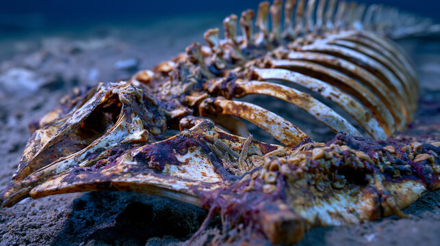 Whale fall skeleton resting on abyssal plain sediment, rib cage ossicle bleached by deep sea scavenger activity, osedax bone worm tube colony encrusting vertebrae, sulphophilic bacteria mat draping 