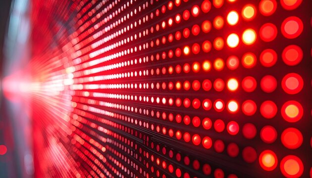 Macro View of Abstract Red LED Display Screen with Digital Light Pixels and Perspective Depth
