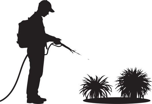 Silhouette of a man spraying plants with a backpack sprayer