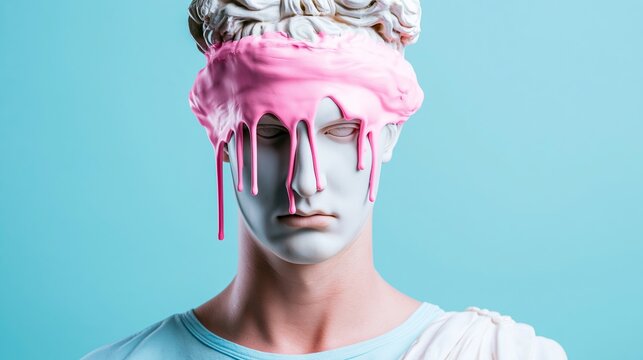 Marble bust featuring vibrant pink paint dripping down its face, creating a striking contrast with the blue background