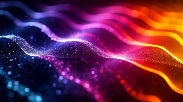 Abstract neon light wave of glowing particle and flowing energy trail shifting from blue to orange in dark digital space with vibrant bokeh and cinematic motion