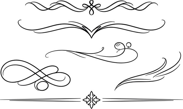 Vintage Calligraphic Line Divider Set with Hand Drawn Swirl Flourishes and Ornate Filigree Elements for Elegant Document Page Layouts