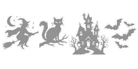 Fototapeta premium Halloween scene witch flying cat haunted house bats, dotted halftone set