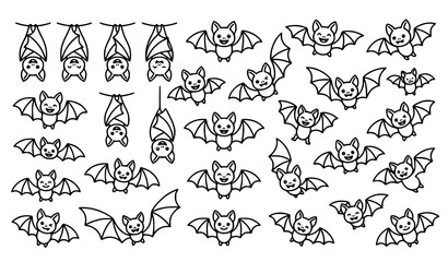 Obraz premium Minimal cute bat vector collection with black outline wings and smiling cartoon characters