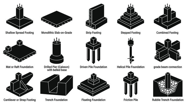 Construction Foundations: Set of Black and White Isometric Building Footings