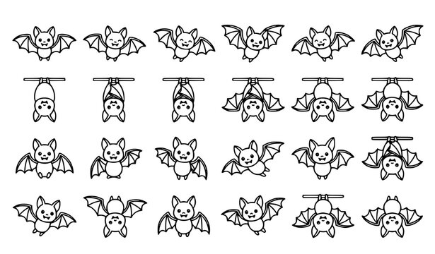 Black and white cartoon bat vector collection with cute smiling outline illustrations