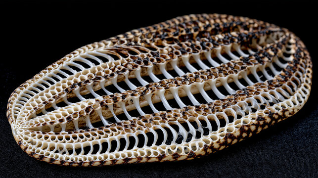 Cuttlebone Sepia officinalis internal skeleton cross-section showing chambered lamellar architecture, calcium carbonate pillar array supporting each septum, buoyancy regulation structure in biologic