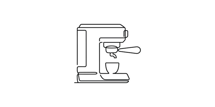 Continuous one line drawing of a modern espresso coffee machine with a small cup.