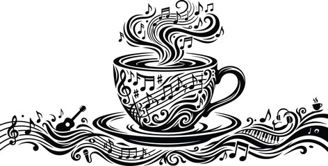 Artistic Coffee Cup Vector Silhouette with Musical Notes Steam and Decorative Wave Patterns of Clefs, Guitars, and Pianos for Cafe Wall Art or Music Concert Backgrounds © EdGe Creative