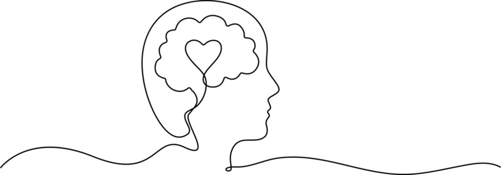 Continuous line drawing, heart in brain, minimalist human head, simple vector illustration, emotional intelligence concept