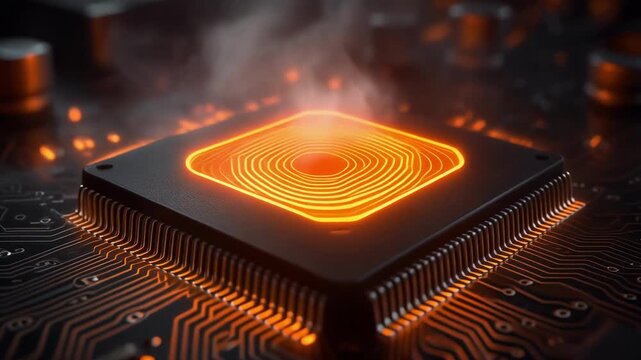 Close up of glowing orange computer processor chip with circuit board in futuristic technology concept