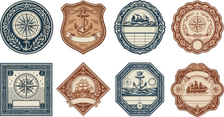 Vintage Nautical Label and Badge Vector Set with Ornate Marine Compass Anchor Sailing Ship and Sea Voyage Illustrations © MstSabera