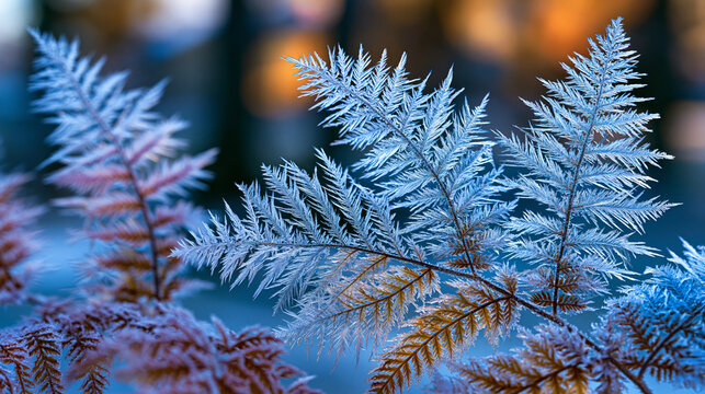 Hoarfrost crystals propagate across a glass pane in branching fern formations, the ice needles growing in feathered columns where supercooled vapor deposited overnight, each crystalline spine refrac