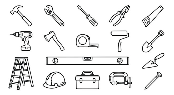 Construction and handyman tools outline icon collection featuring building equipment and repair instruments in minimalist black line art vector