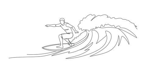 Fototapeta premium Continuous one line drawing of a surfer riding a wave.