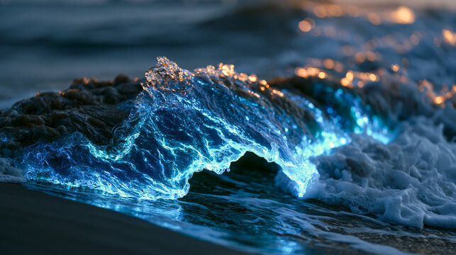 Noctiluca scintillans bioluminescent dinoflagellate bloom illuminating breaking shore surf at zero ambient light, biochemical luciferin oxidation casting aqua luminescence across wave foam, dark coa