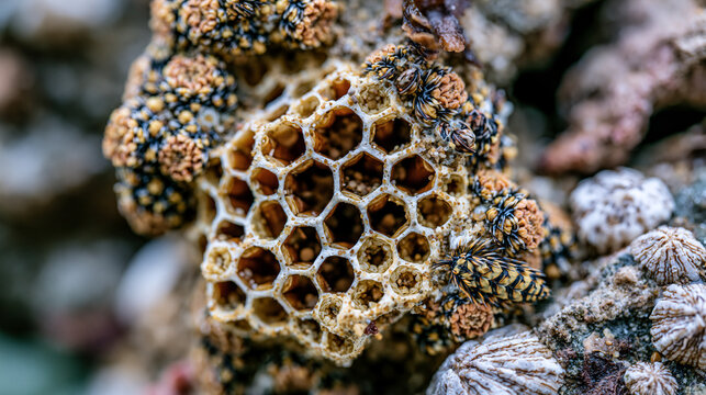 Polychaete tube worm Sabellaria alveolata reef biogenic habitat built from cemented sand grain tubes, honeycomb cross-section pattern at reef face exposure, structural complexity supporting diverse 