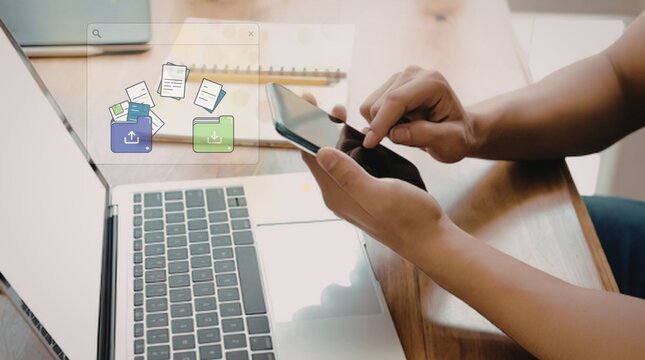 Hands interacting with a smartphone, showing virtual file icons, representing seamless cloud data management, online synchronization, and efficient digital workflow