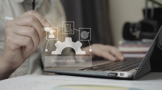 Professional managing digital operation process workflow on tablet for business optimization and corporate strategy