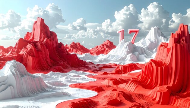 Abstract 3D Red and White Extruded Typographic Landscape with Mountains and Number 17