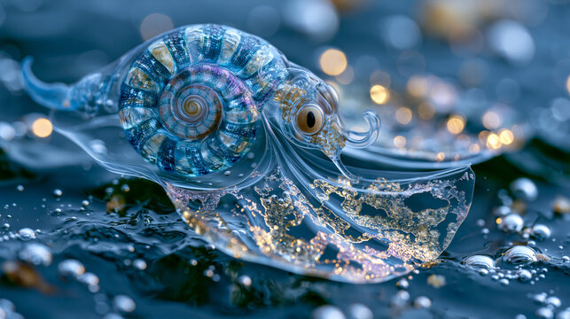 Pteropod Cimacina limacina shell transparency magnified in Arctic surface water, calcium carbonate wing shell mineral dissolution at ocean acidification boundary, pelagic gastropod shell structure e