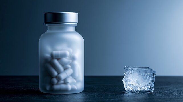 Frosted bottle containing white capsules standing beside a melting ice cube, conveying cold relief and pharmaceutical concepts
