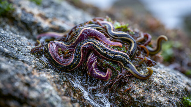 Ribbon worm Lineus longissimus tangled mass on exposed intertidal boulder, proboscis extended and contracted simultaneously at different body regions, mucus trail glistening on rock surface, nemerte