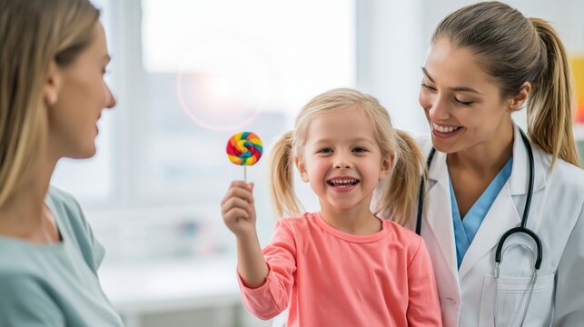 Happy little girl receiving colorful lollipop from friendly female doctor while mother watches during pediatric visit