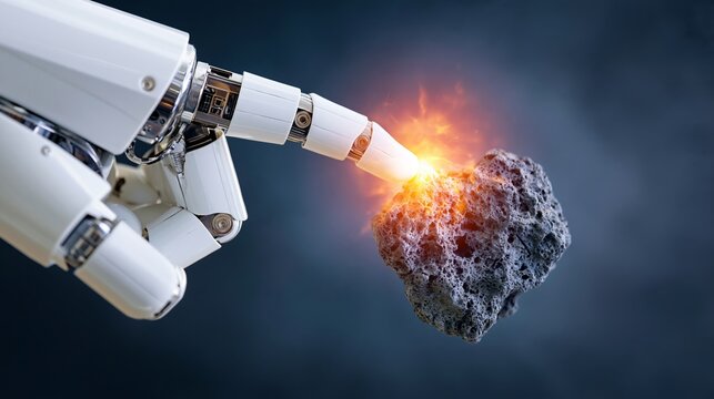 Robotic hand touching alien material, generating orange energy, artificial intelligence innovation concept
