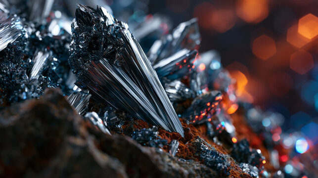 Stibnite antimony sulfide crystal prism cluster, metallic luster needle formation in dramatic low angle sidelight, Chinese Hunan province specimen, ore mineral reference, metallurgy source documenta