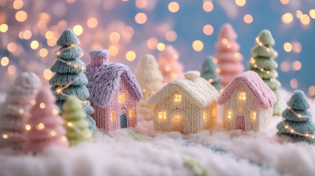 Cozy knitted winter village with glowing houses and soft pastel trees, creating a magical handmade holiday atmosphere for festive designs.