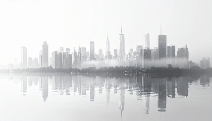 Obraz premium Minimalist Grayscale City Skyline Illustration with Fog and Reflection on White Background