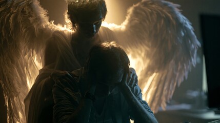 Fototapeta premium Angel placing hands on the shoulders of a person with their head in their hands at a desk. Concept of divine support in crisis.