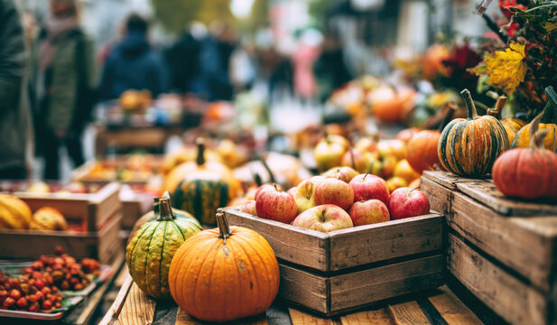 Autumn farmers market outdoors with colorful stalls with pumpkins, fruits and people in the background 