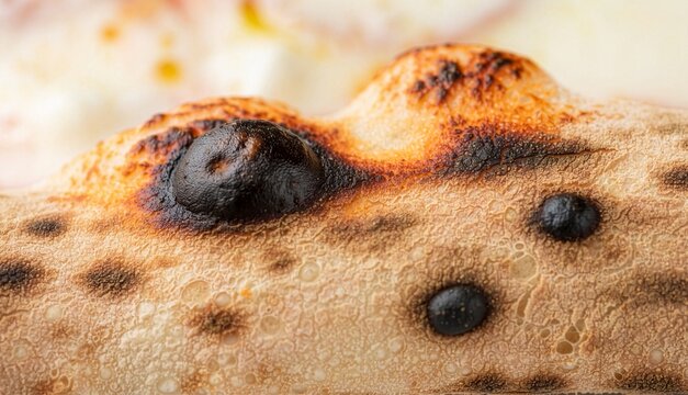 Top-down macro shot focusing on charred leopard spots and airy wood-fired blisters on an authentic Neapolitan pizza crust, shallow depth of field, professional commercial food photography.