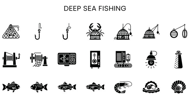 A grid of 18 black icons depicting deepsea fishing equipment marine life and nautical technology on a white background