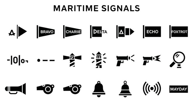 A grid of 21 blackandwhite icons depicting various maritime signaling tools flags and distress communication methods