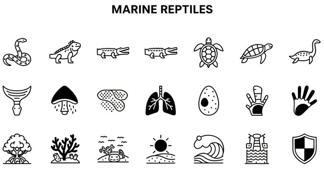 A grid of 21 blackandwhite icons illustrating marine reptiles and related biological and environmental features