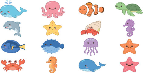 Cute Cartoon Sea Creatures Sticker Set Featuring Whale, Octopus, Clownfish, Sea Turtle, and Seahorse Marine Life Vectors for Nursery Designs © MdMursalin